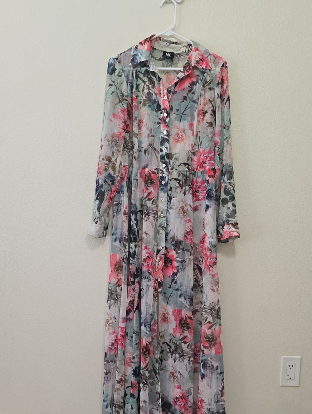 W by Worth Sheer Floral Button-Front Maxi Dress in Pink & Blue